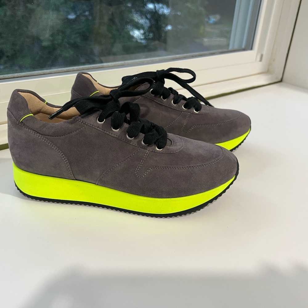 Peter Kaiser Gray Suede Sneakers with Bold Neon Yellow Sole 37 US6-6.5